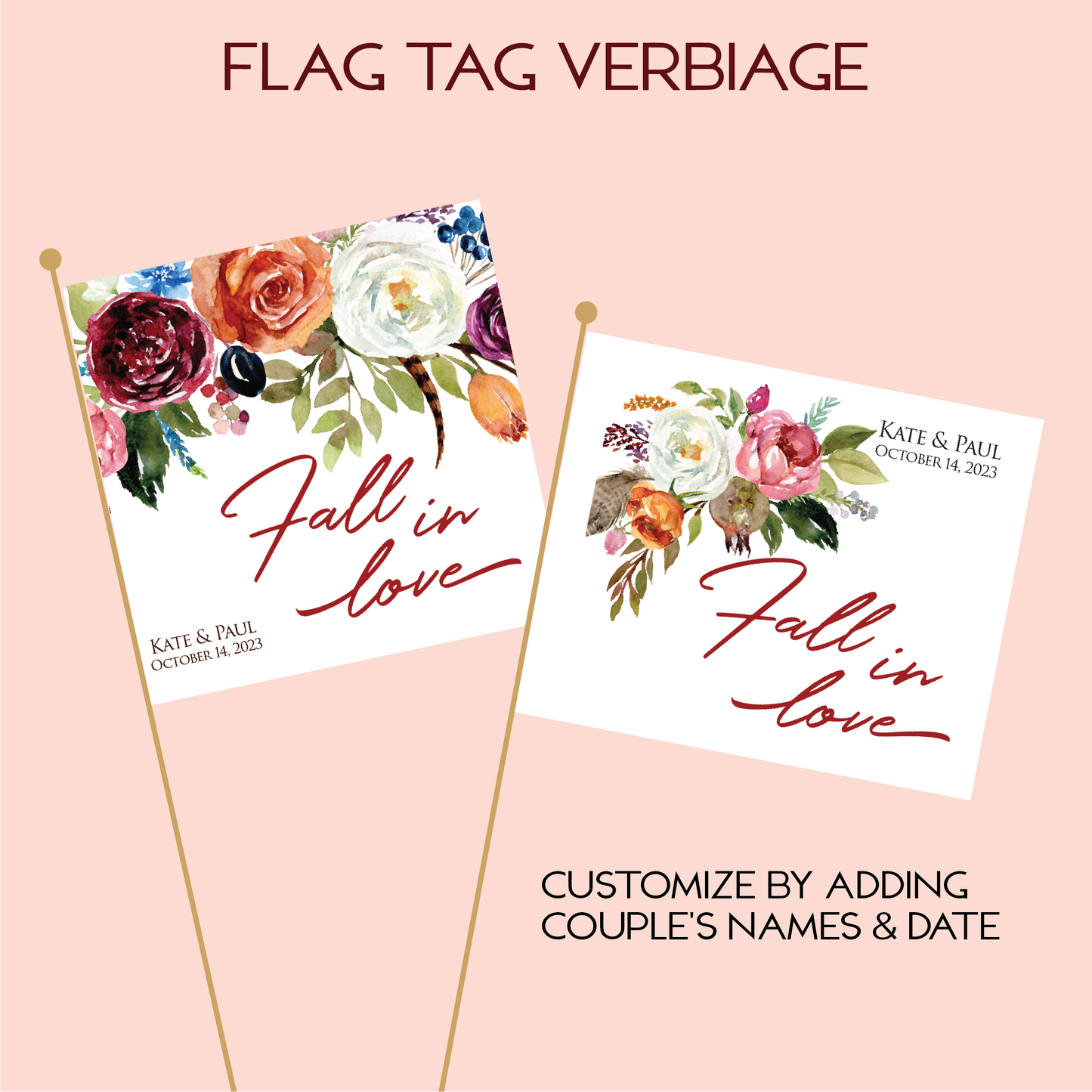 Fall in Love Rust Florals Wedding Favor Tags, Stick Tags for Succulent Wedding Favors, Cupcake Stick Tags