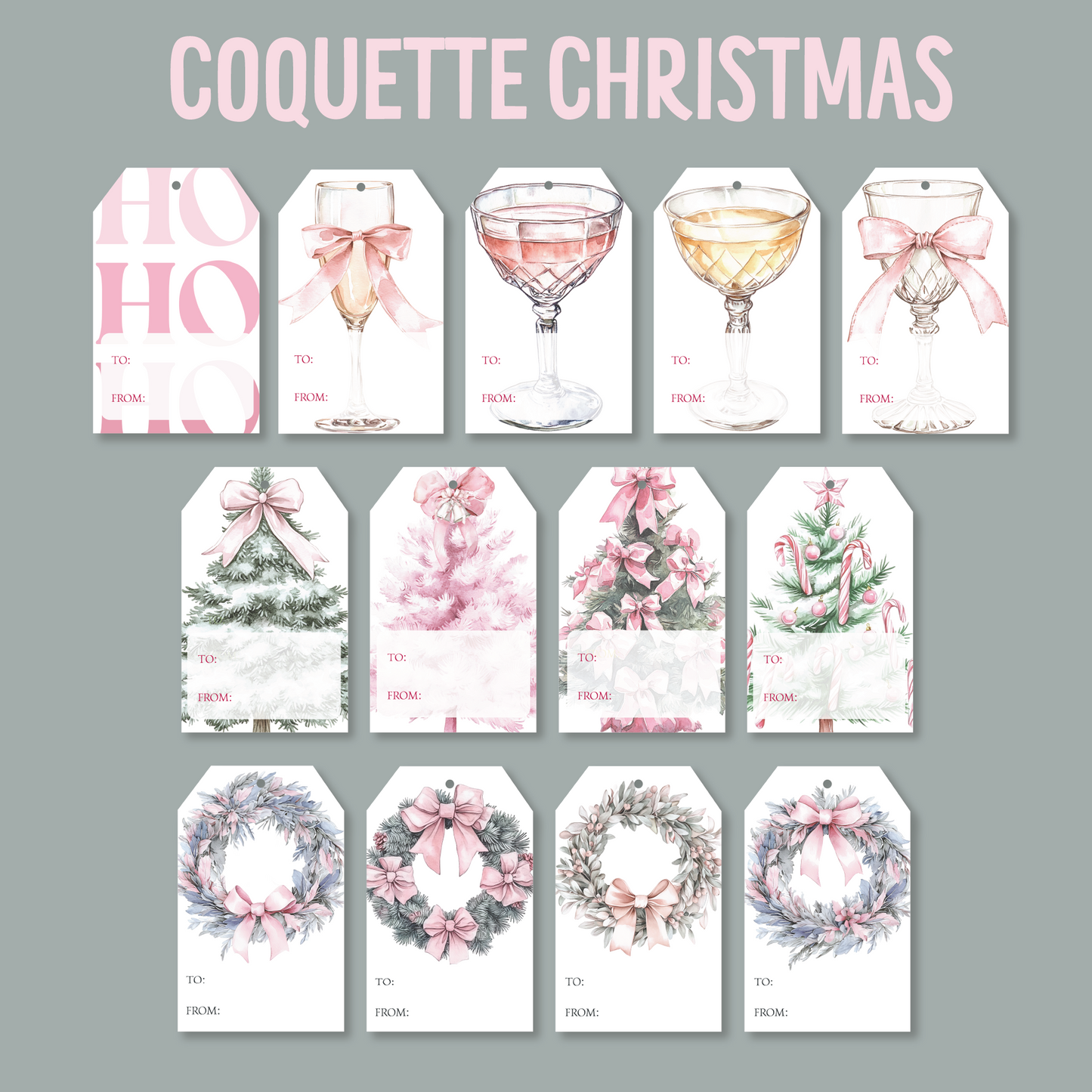 DIY Coquette Christmas HoHoHo Gift Tags, Girly Christmas Tie on Tags, DIY Printable