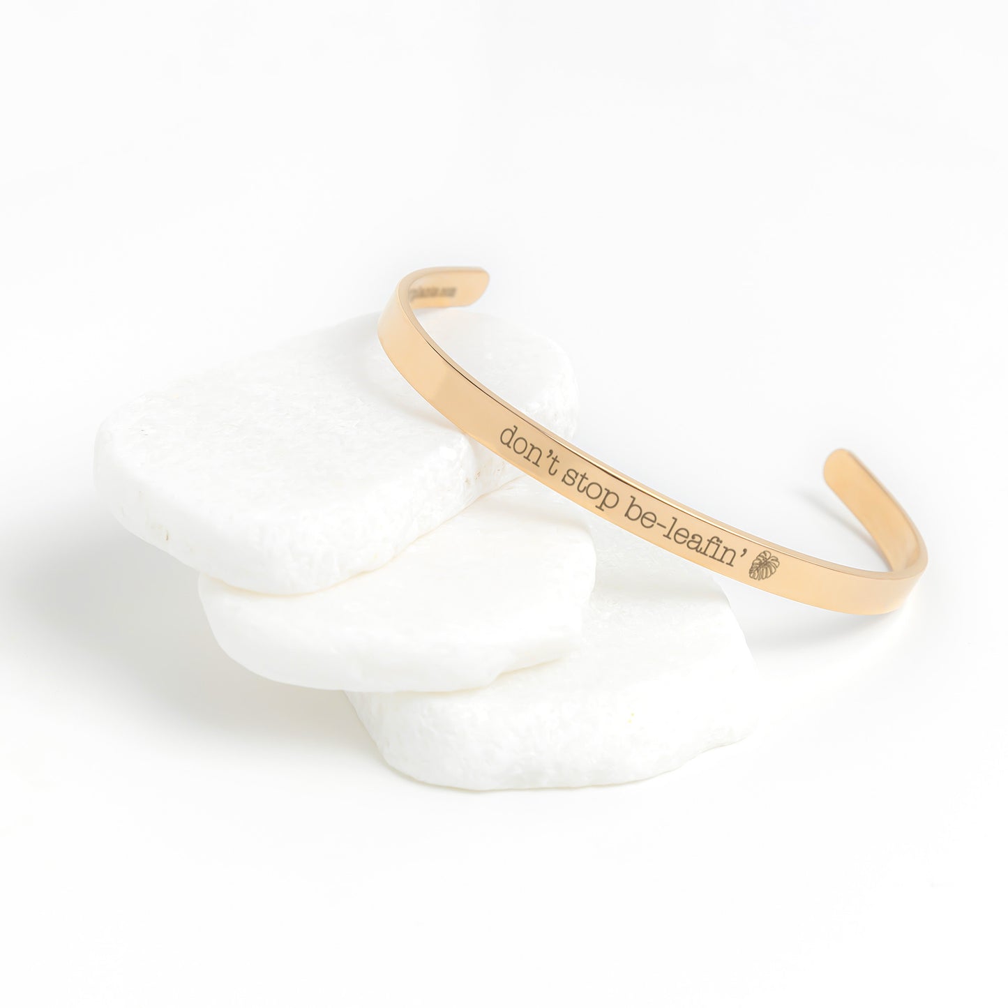 Don't Stop BeLeafin' Bracelet, Plant Pun Cuff, Monstera Leaf Motif, Don't Stop Believing