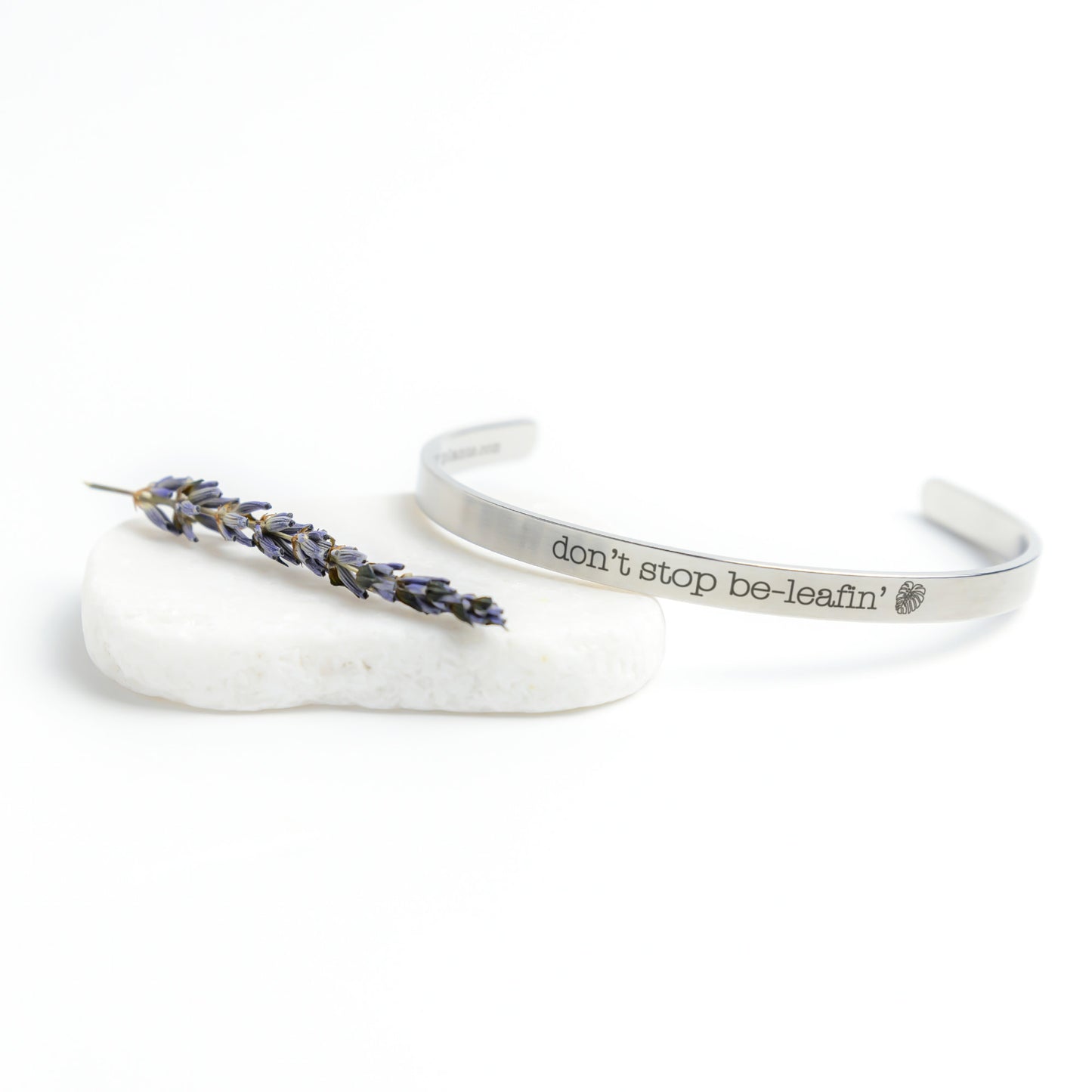 Don't Stop BeLeafin' Bracelet, Plant Pun Cuff, Monstera Leaf Motif, Don't Stop Believing