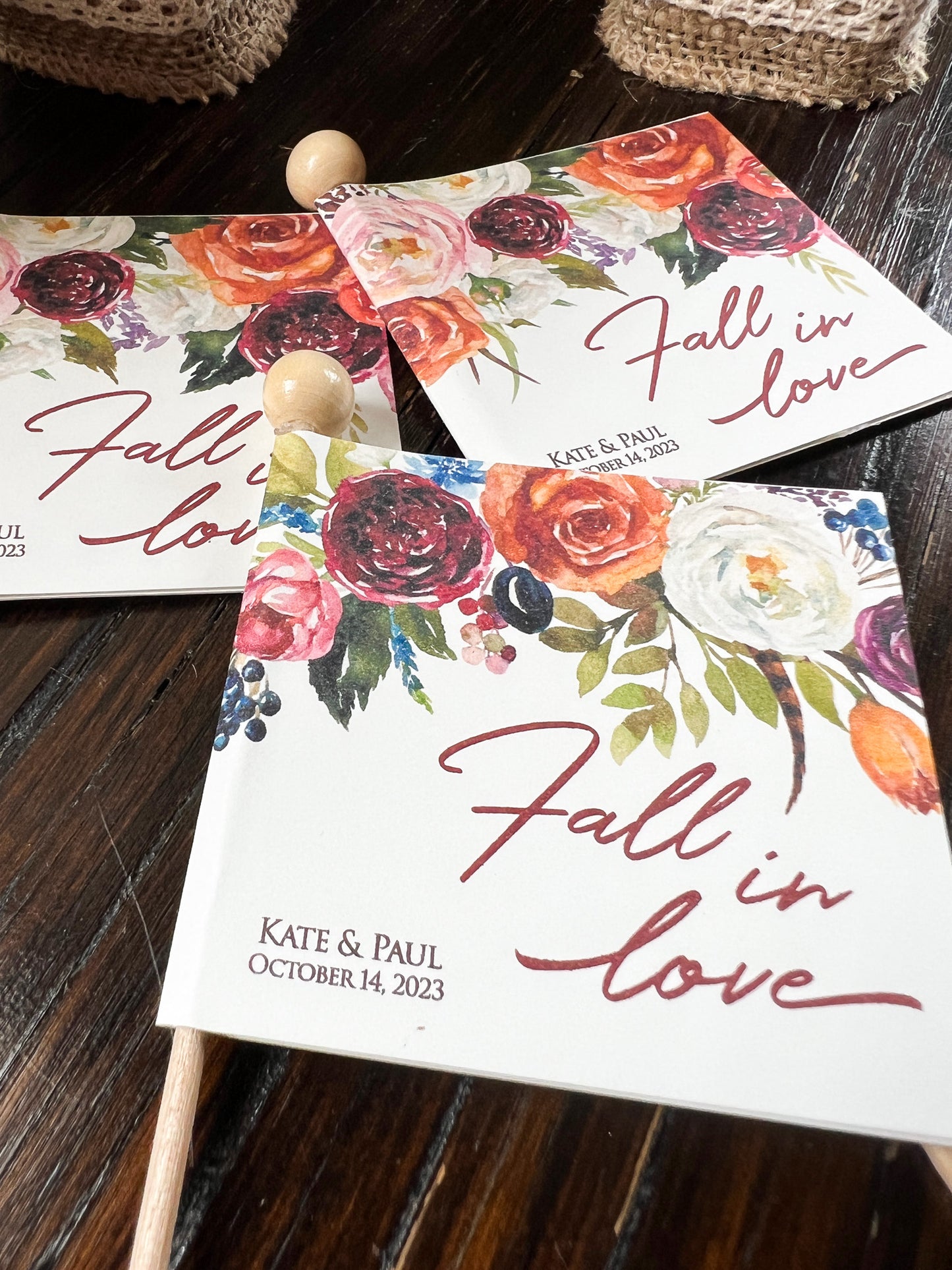 Fall in Love Rust Florals Wedding Favor Tags, Stick Tags for Succulent Wedding Favors, Cupcake Stick Tags