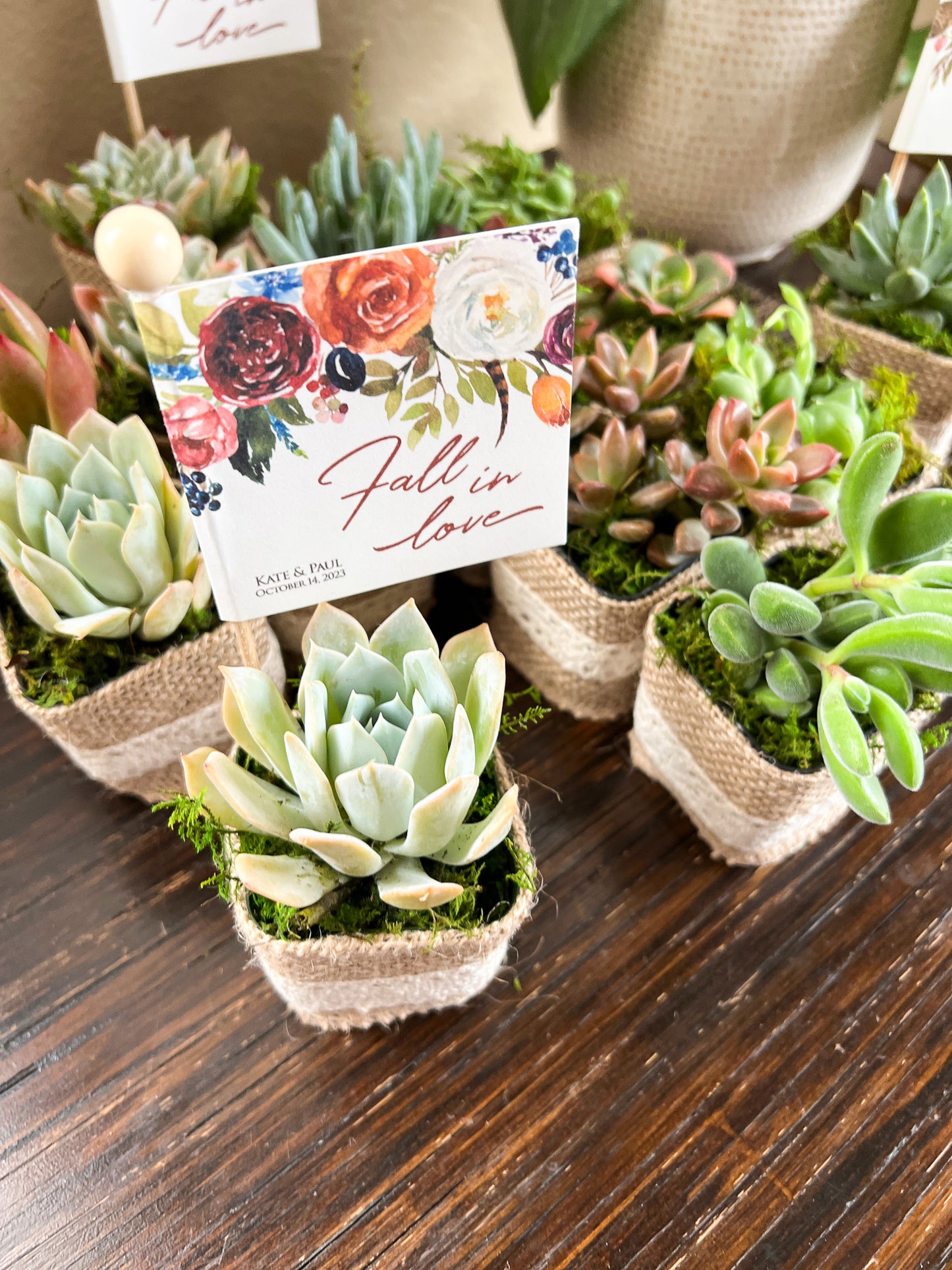 Fall in Love Rust Florals Wedding Favor Tags, Stick Tags for Succulent Wedding Favors, Cupcake Stick Tags