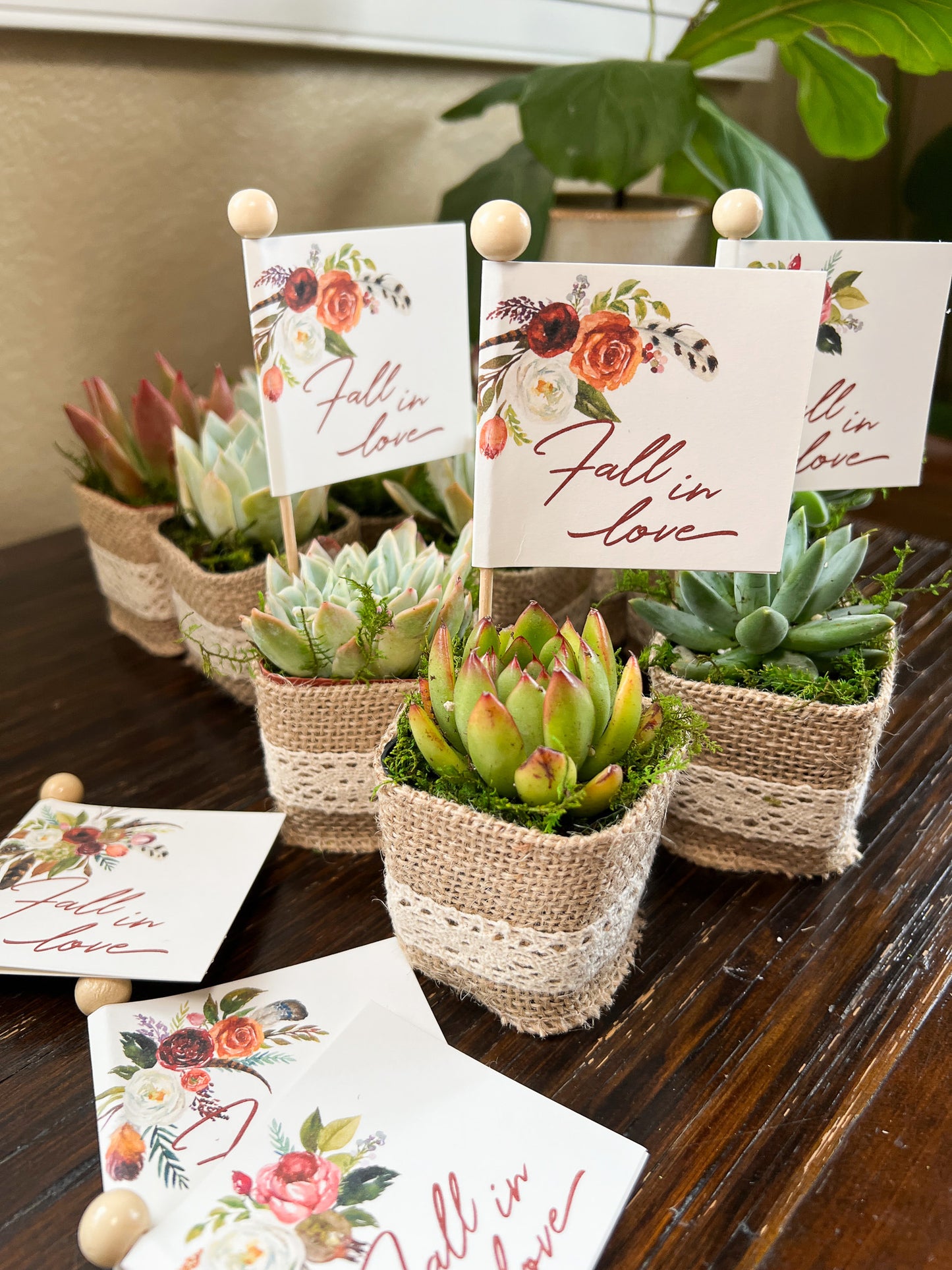 Fall in Love Rust Florals Wedding Favor Tags, Stick Tags for Succulent Wedding Favors, Cupcake Stick Tags