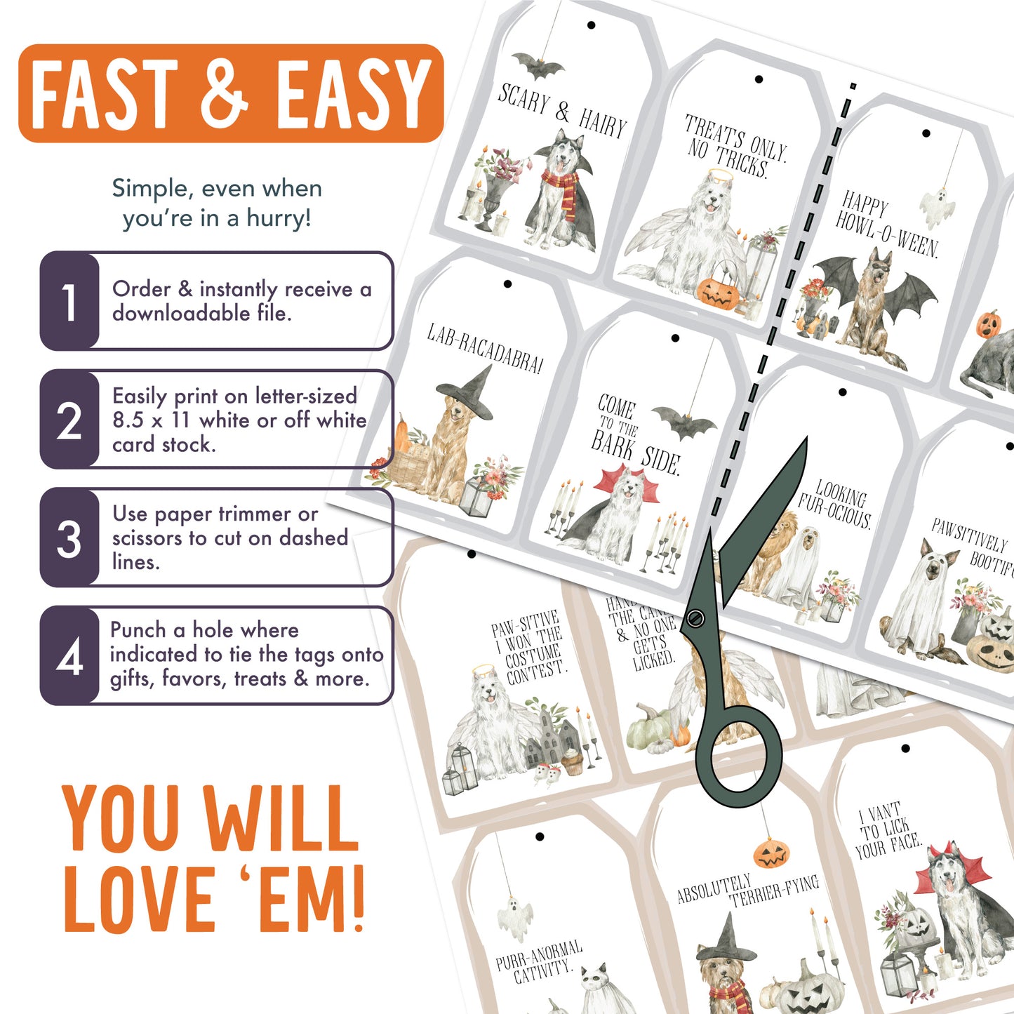 Halloween Pets in Costume Printable Tags, Printable Funny Dog Puns, Pet Puns Tags