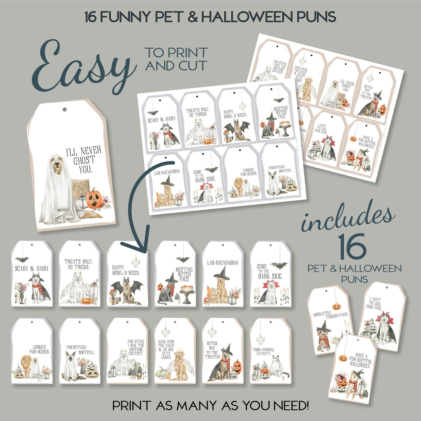 Halloween Pets in Costume Printable Tags, Printable Funny Dog Puns, Pet Puns Tags