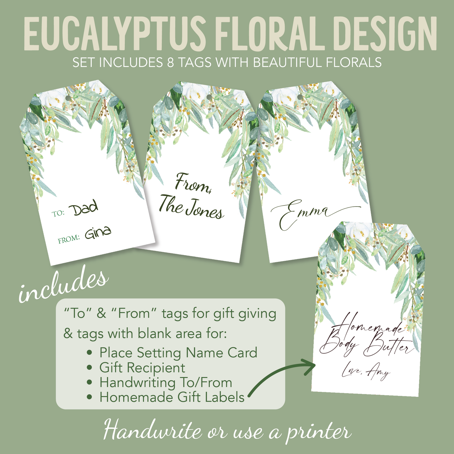 DIY Eucalyptus Floral Gift Tags, DIY Printable, Place Setting Tags