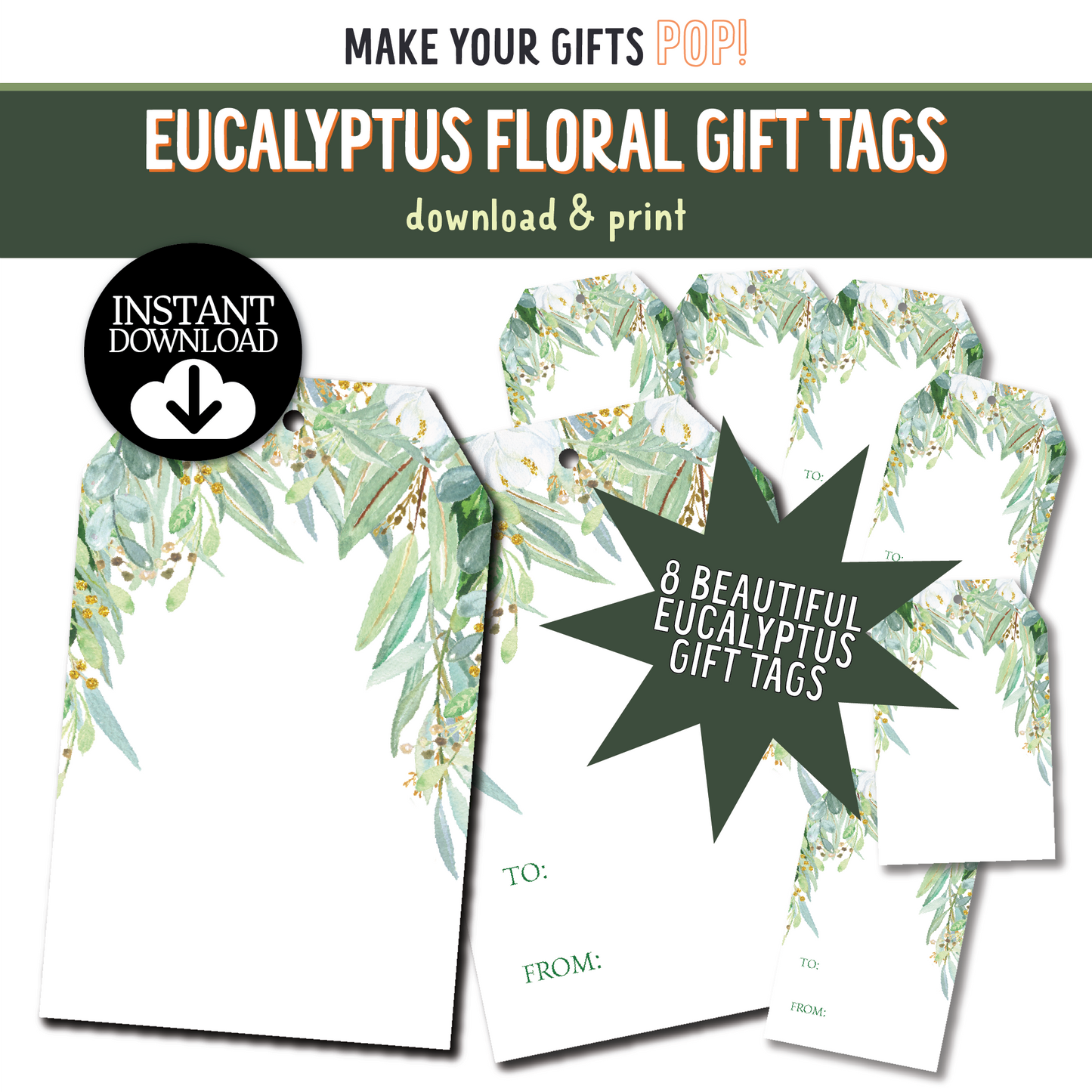 DIY Eucalyptus Floral Gift Tags, DIY Printable, Place Setting Tags