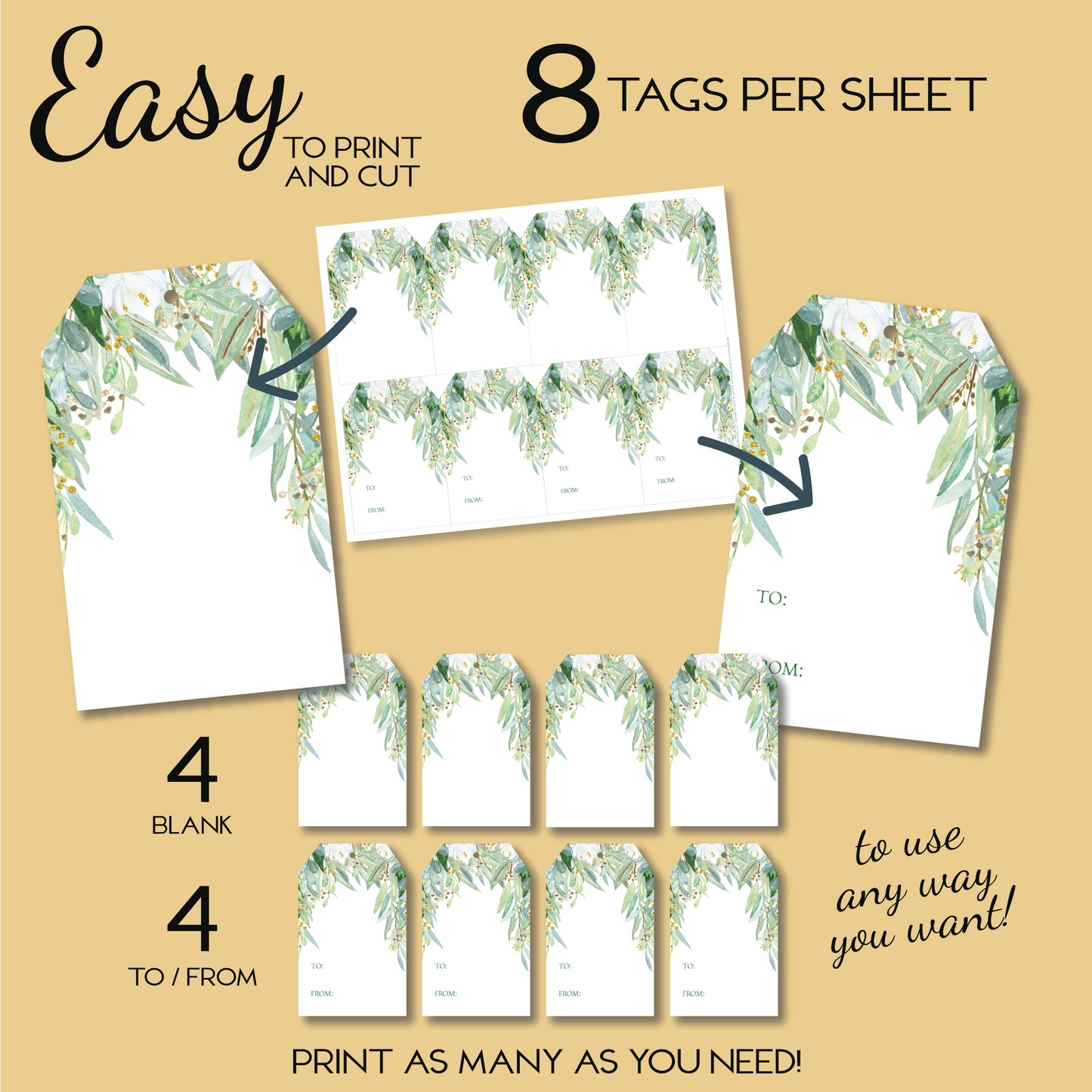 DIY Eucalyptus Floral Gift Tags, DIY Printable, Place Setting Tags
