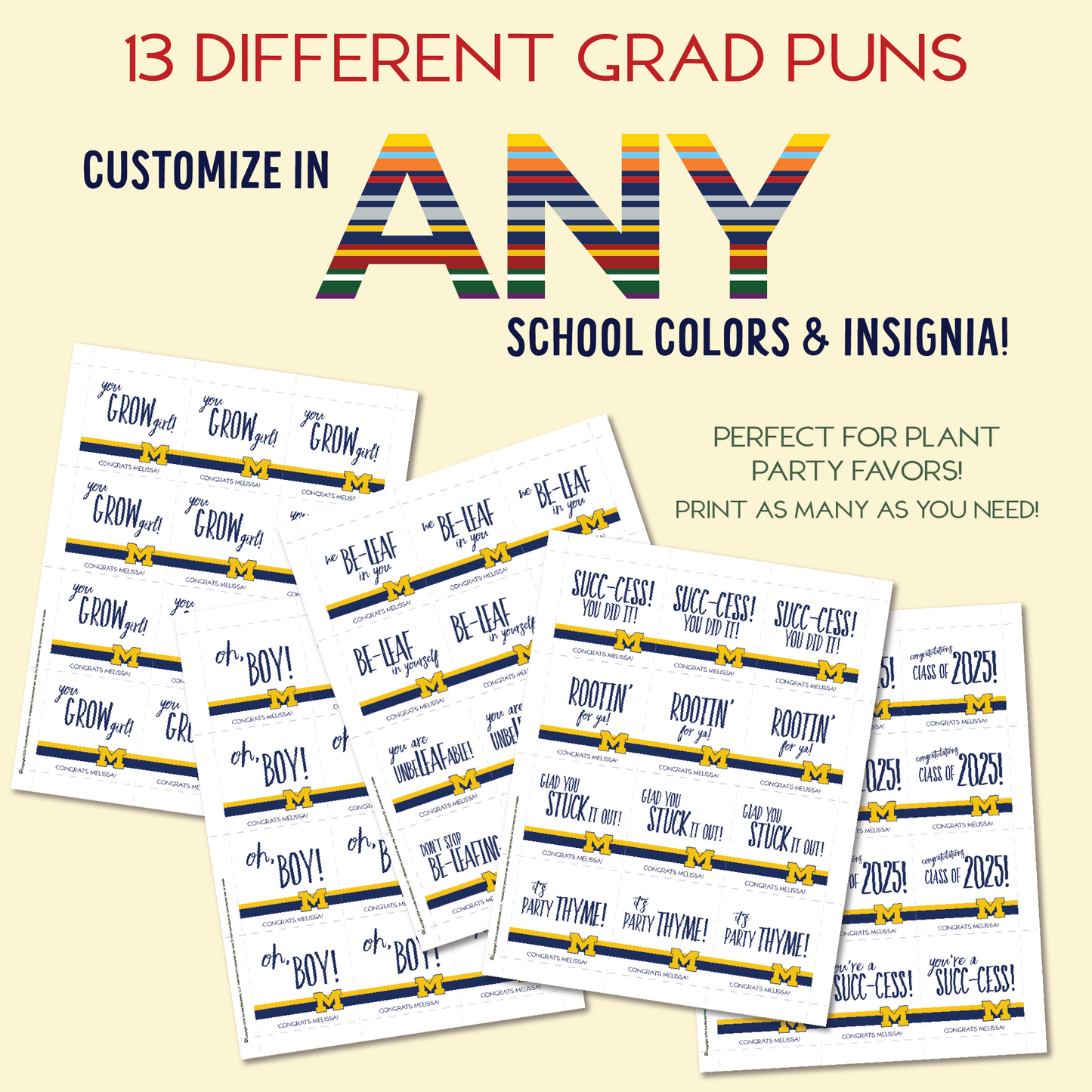 Custom Grad Party Favors, Any School, Plant Puns, Wraps & Tags (plants not included)