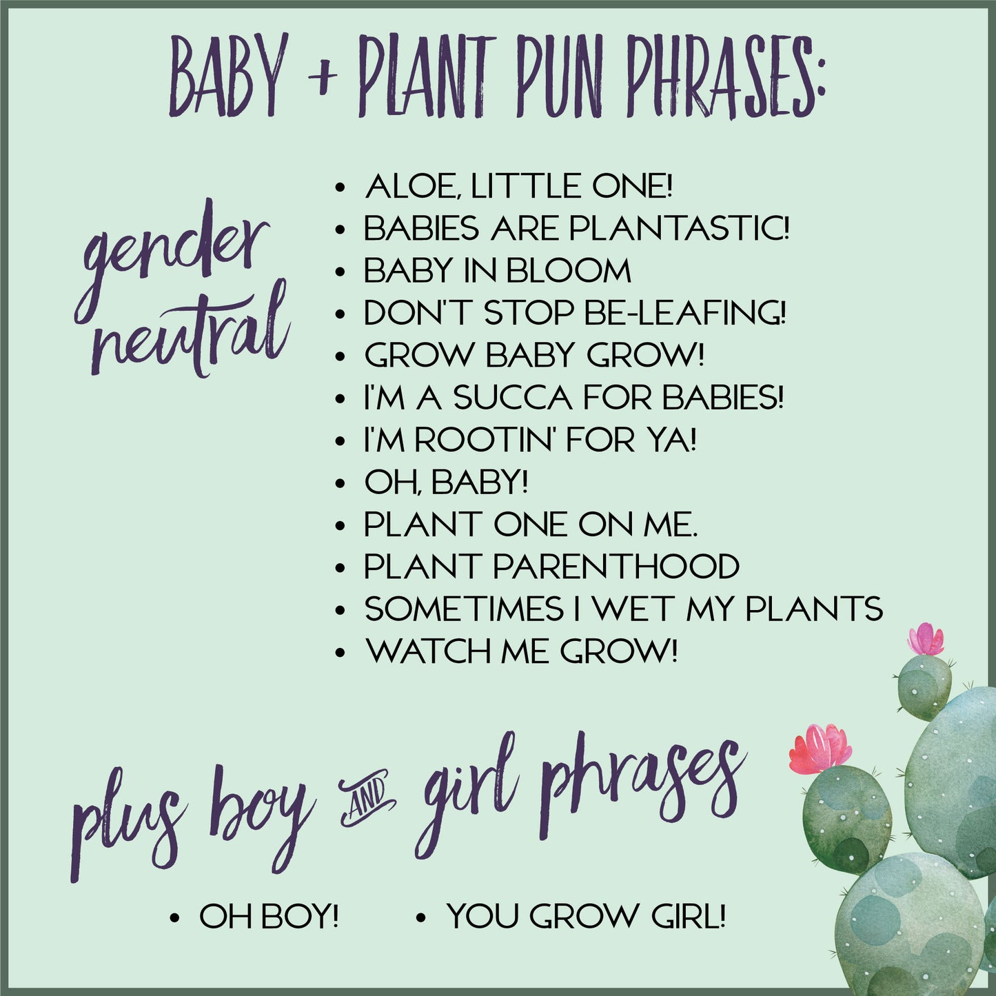 Succulent Baby Shower Favors, and Succulent Theme Stick Tags with Plant and Baby Puns