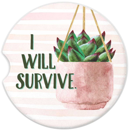I Will Survive Car Coaster, Plant Lover Gift, Plant Pun Gift, Sandstone Coaster
