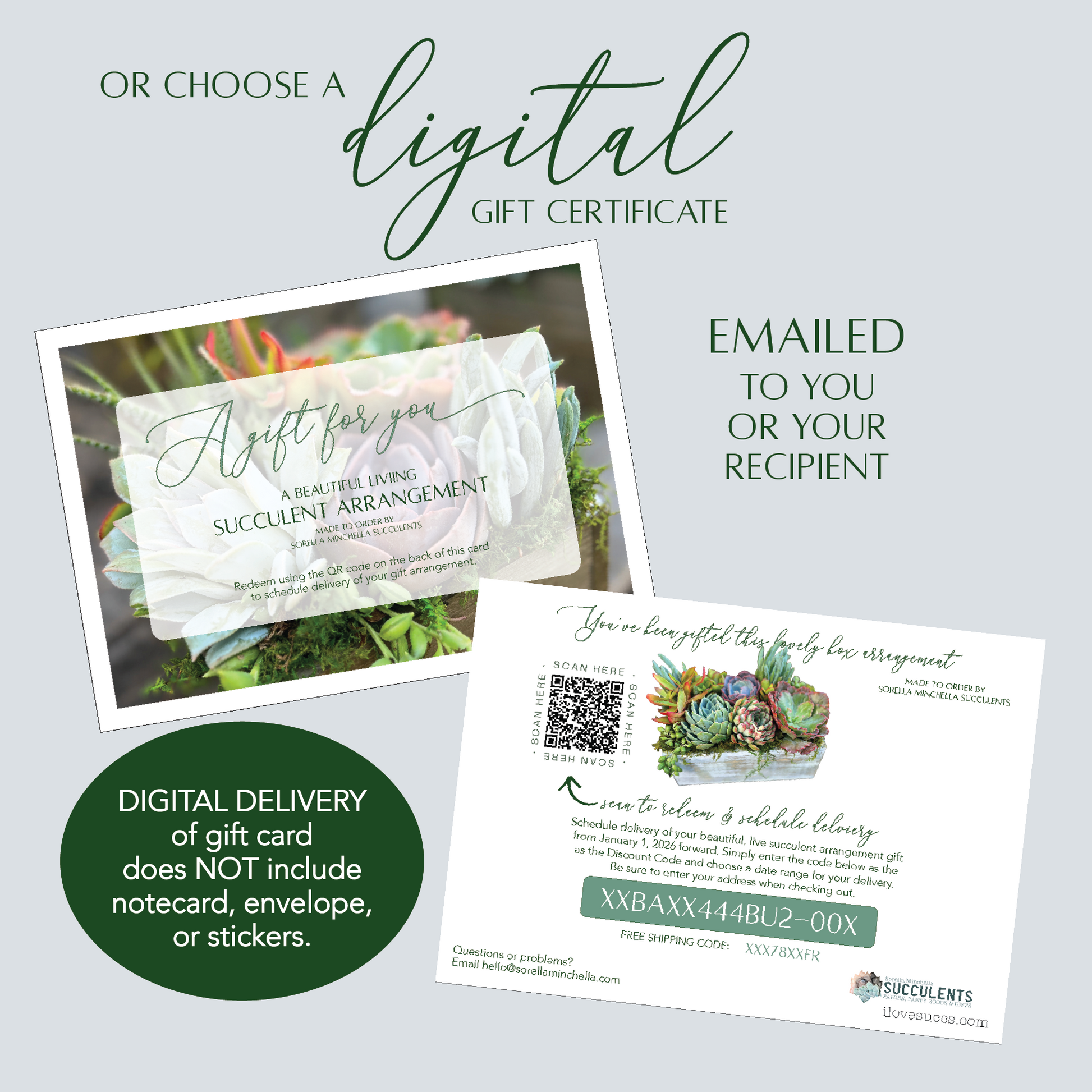 Digital gift certificate for a succulent arrangement with text about digital delivery.