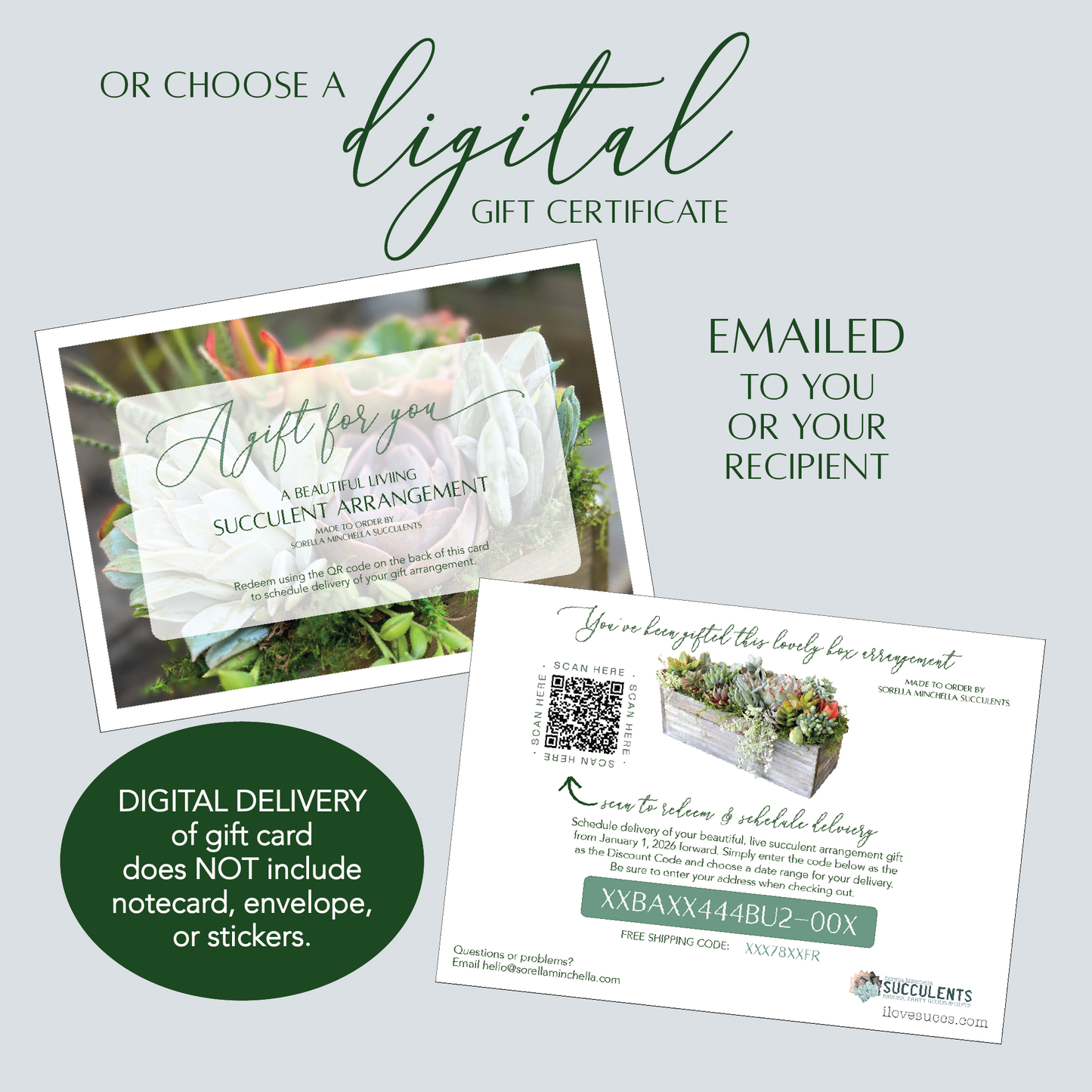 Digital gift certificate for a succulent arrangement with text about digital delivery.