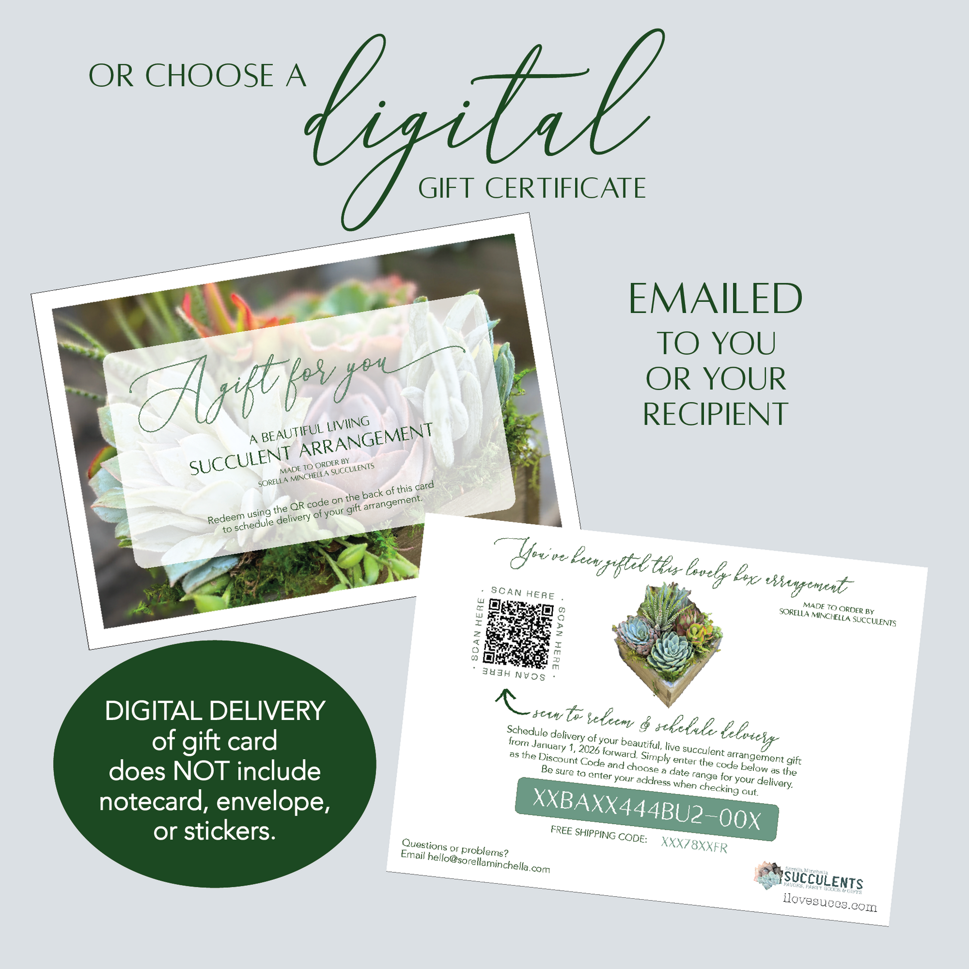 Digital gift certificate for a succulent arrangement with text on a light gray background