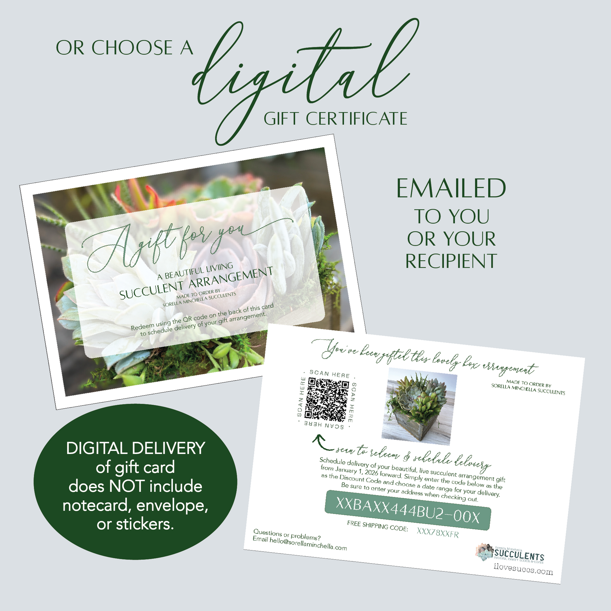 Digital gift certificate for a succulent arrangement with text on a light gray background