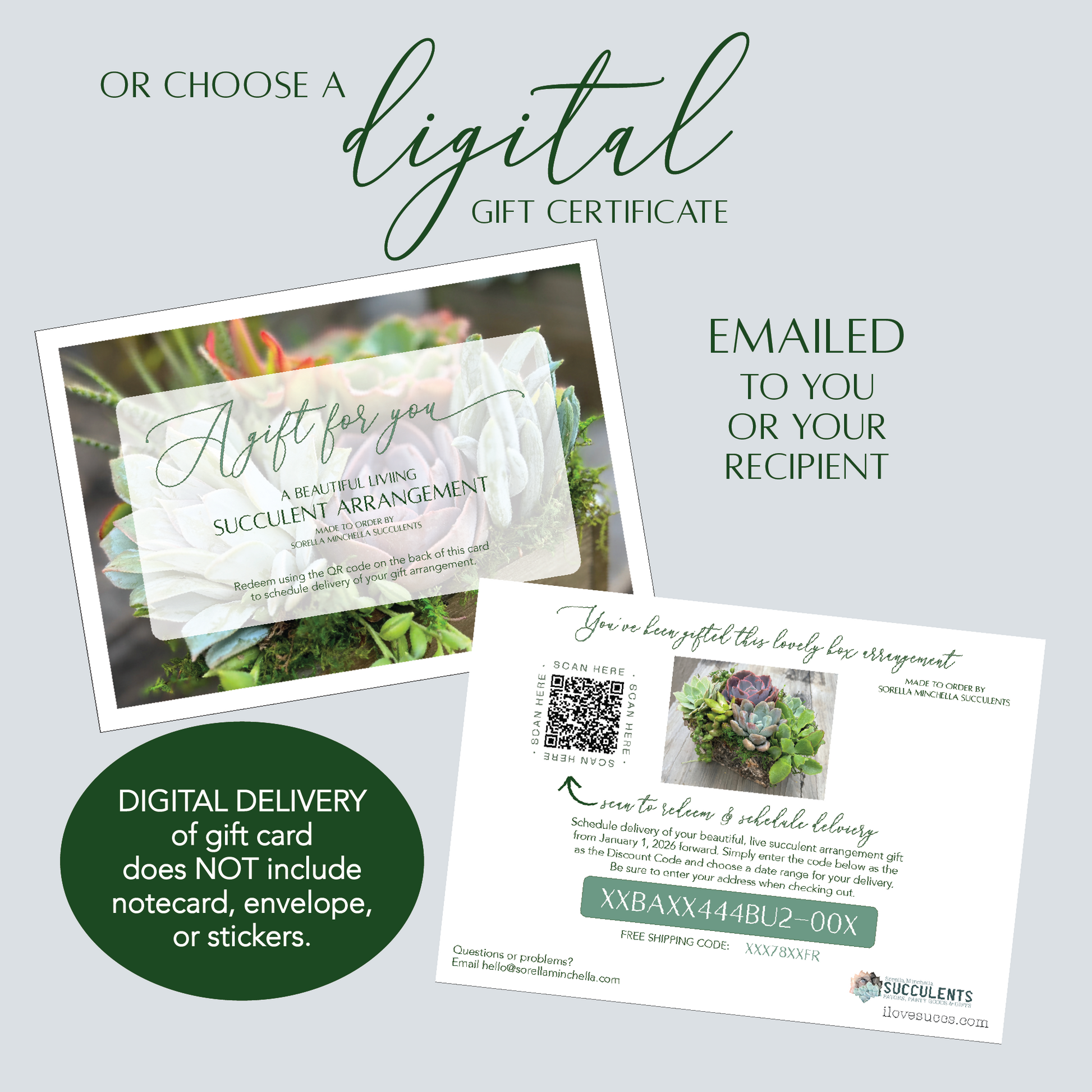 Digital gift certificate for a succulent arrangement with text on a light gray background