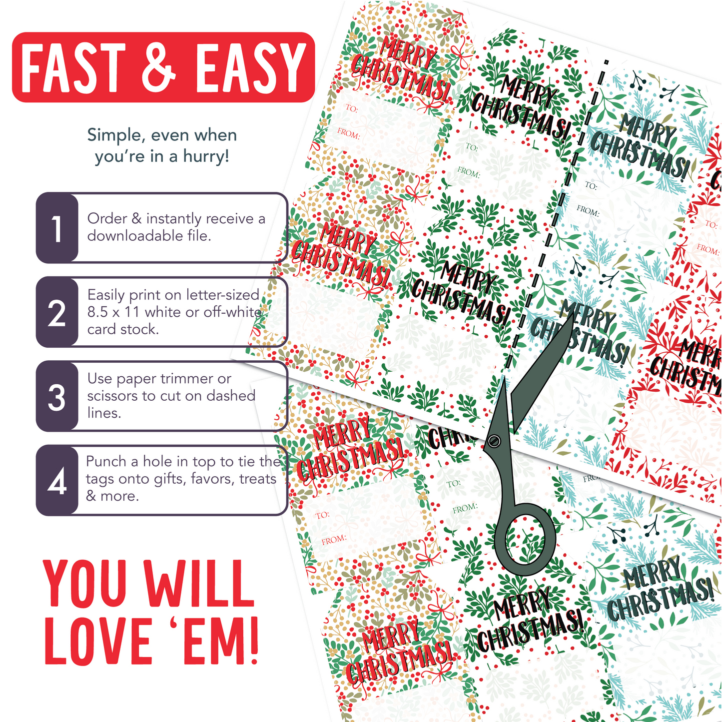 DIY Bright Merry Christmas Gift Tags, Holiday DIY Printable Tags