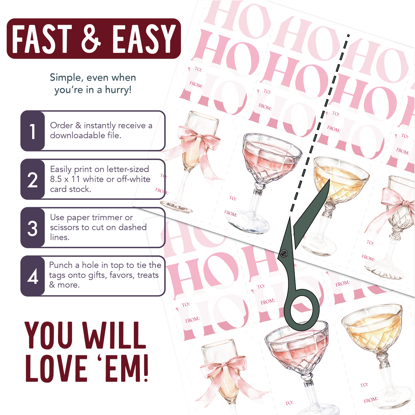 DIY Coquette Christmas HoHoHo Gift Tags, Girly Christmas Tie on Tags, DIY Printable