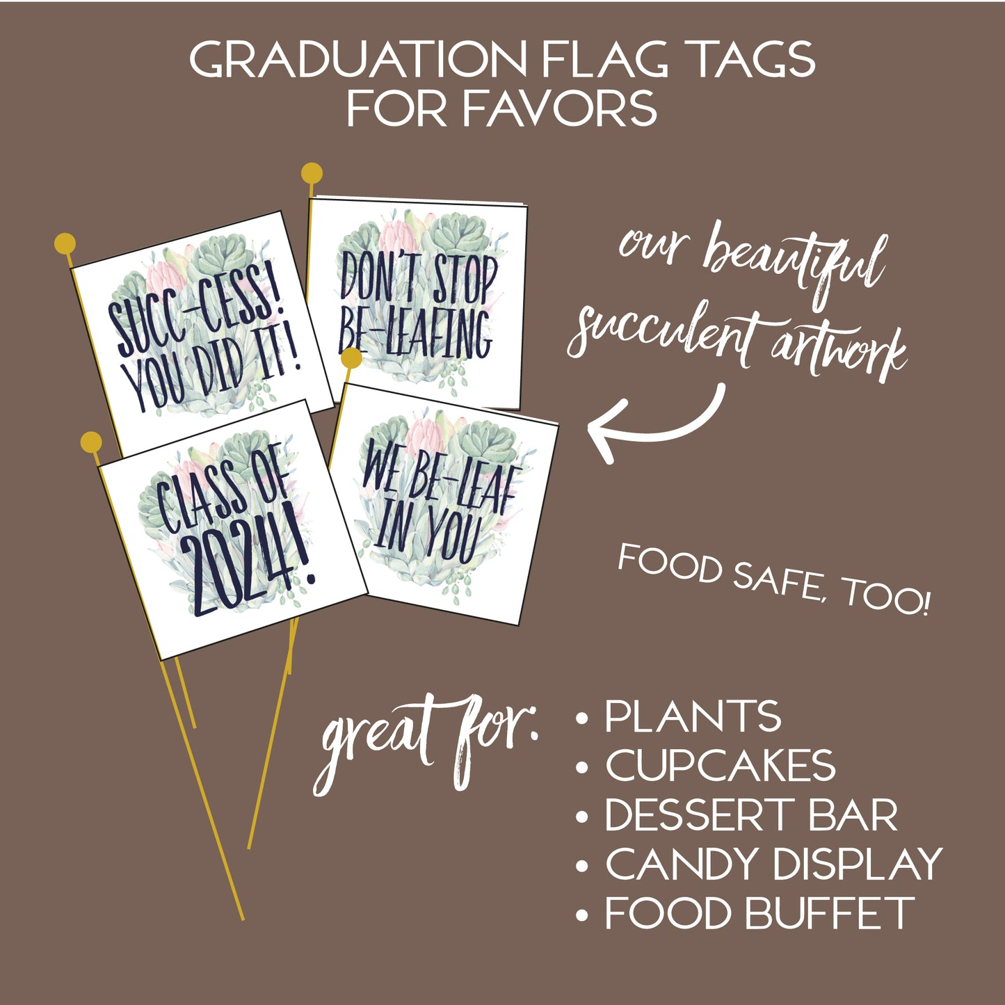 Custom Grad Party Favors, Any School, Plant Puns, Wraps & Tags (plants not included)