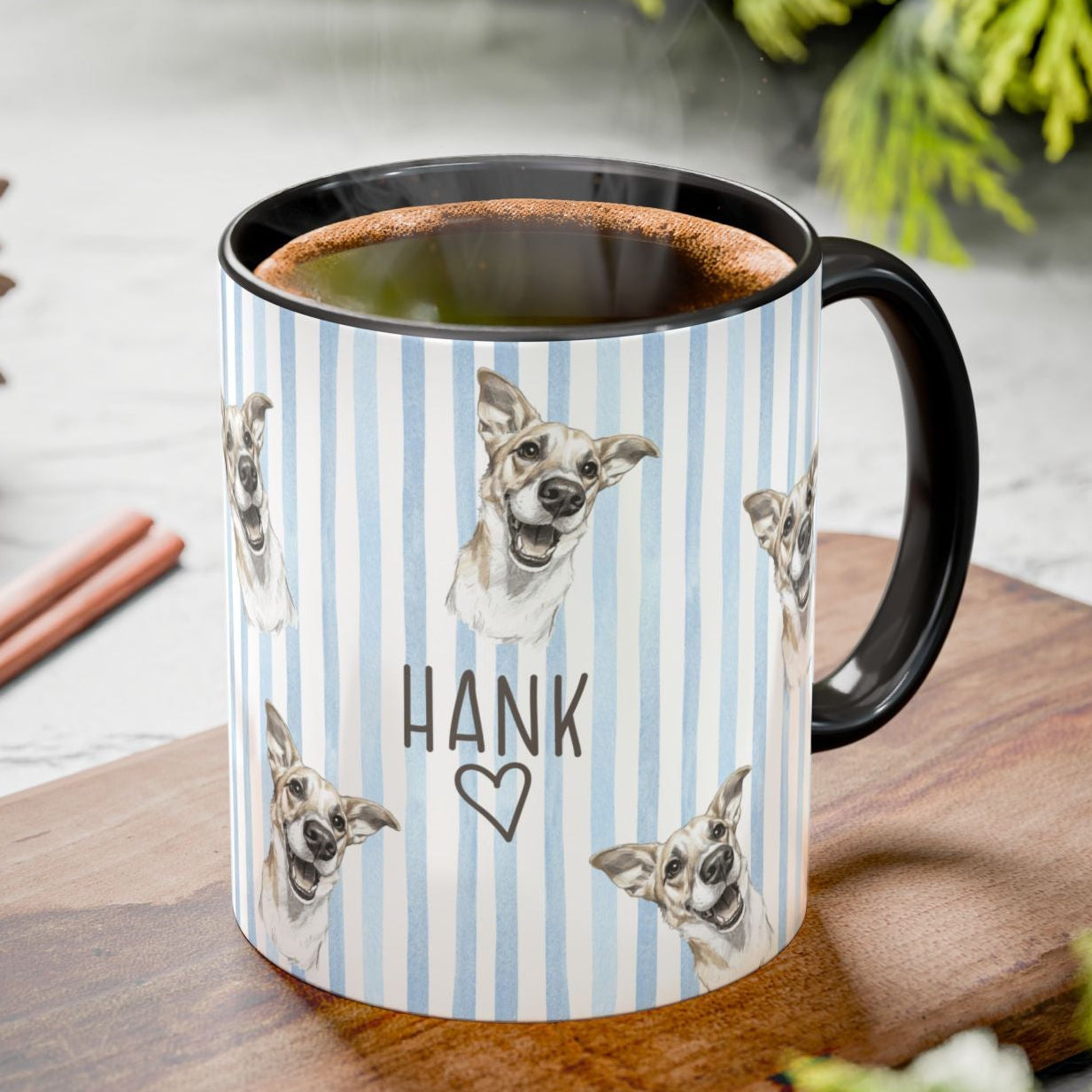 Mug with blue striped design with custom dog art