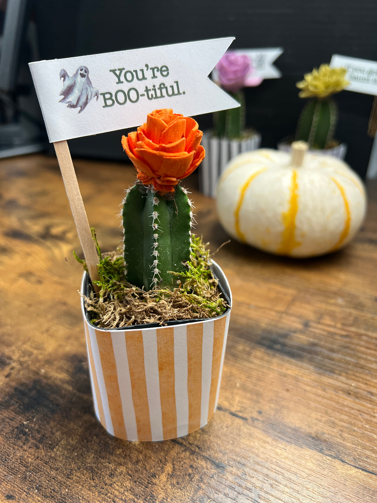 A Halloween-themed miniature cactus decoration in a white and orange striped paper cup with a small sign that reads 'You're BOO-tiful.' The cactus has a bright orange flower on top and is set on a wooden table with a white decorative pumpkin in the background.