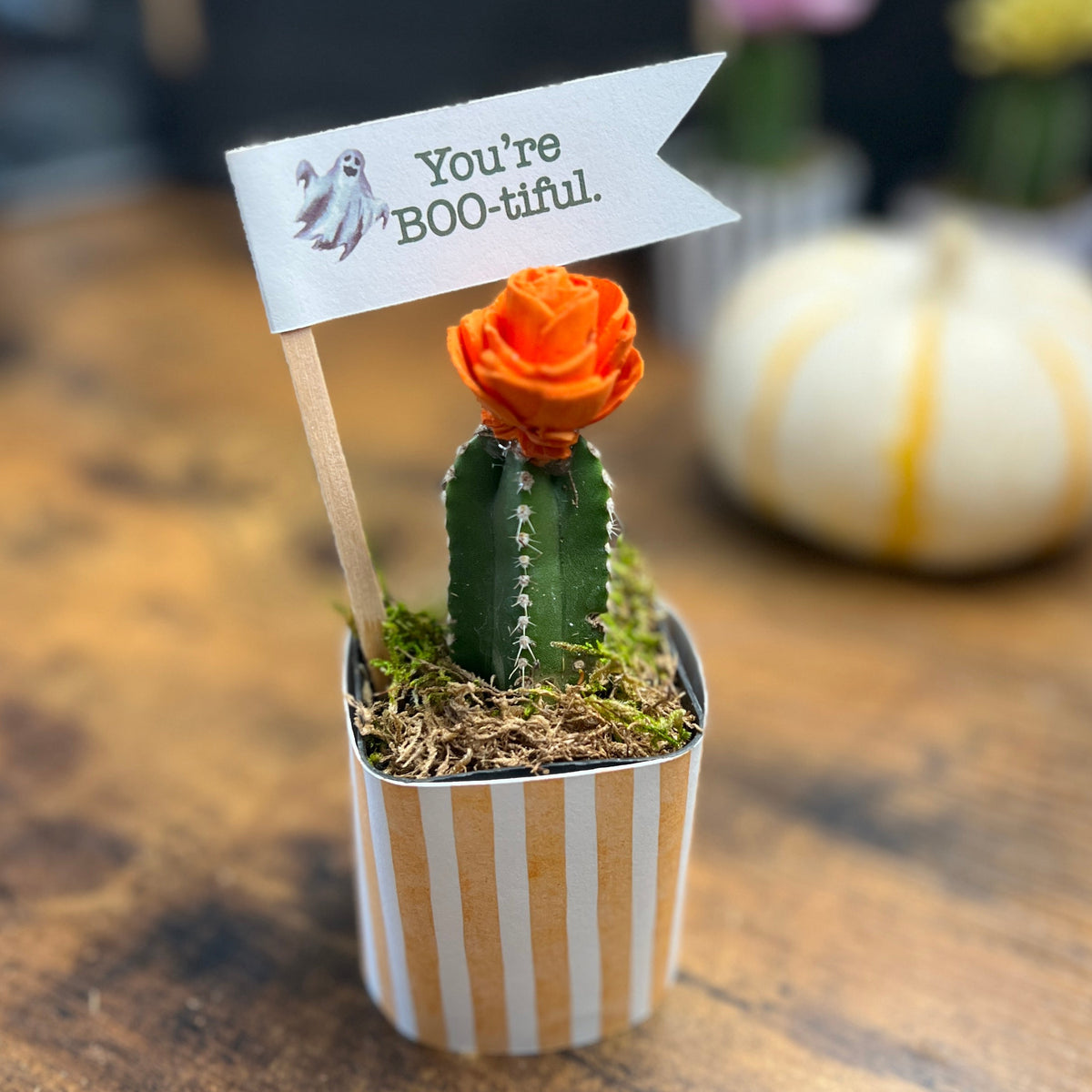 A small potted cactus decoration on a wooden table, featuring a green cactus with an orange flower in a white and beige striped pot, with a small flag that reads 'You're BOO-tiful'.