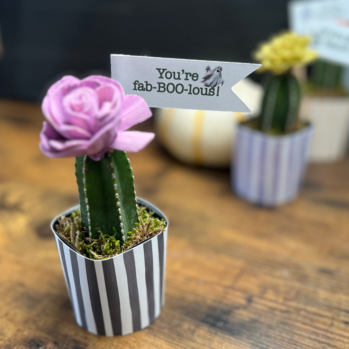 A small potted cactus decoration with a pink flower and a tag that reads 'You're fab-BOO-tous!' sits on a wooden table, with two more similar decorations blurred in the background.