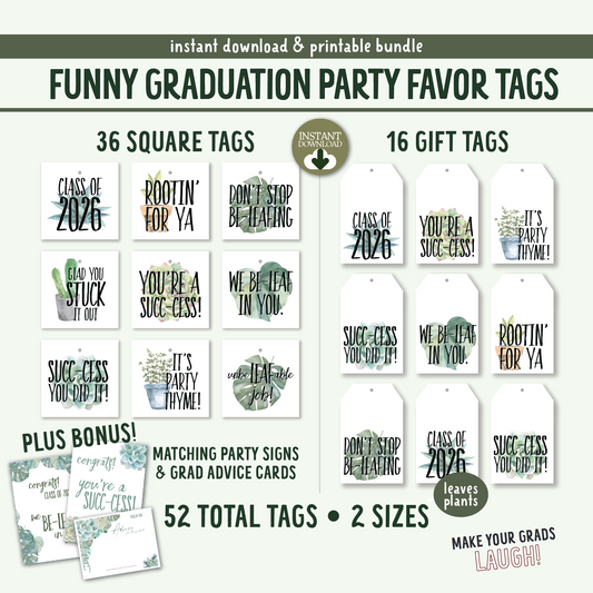 2026 Graduation Party Tags, Grad Party Plant Pun DIY Tags [S2]