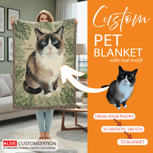 Custom Pet Blanket with Tropical Plants, Woven Blanket Personalized with Dog or Cat