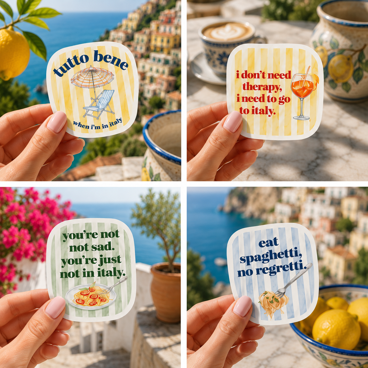 Set of 10 colorful Italy-inspired waterproof vinyl stickers featuring funny travel sayings, pasta, espresso, Aperol Spritz, lemons, Vespa scooter, and Amalfi Coast illustrations.