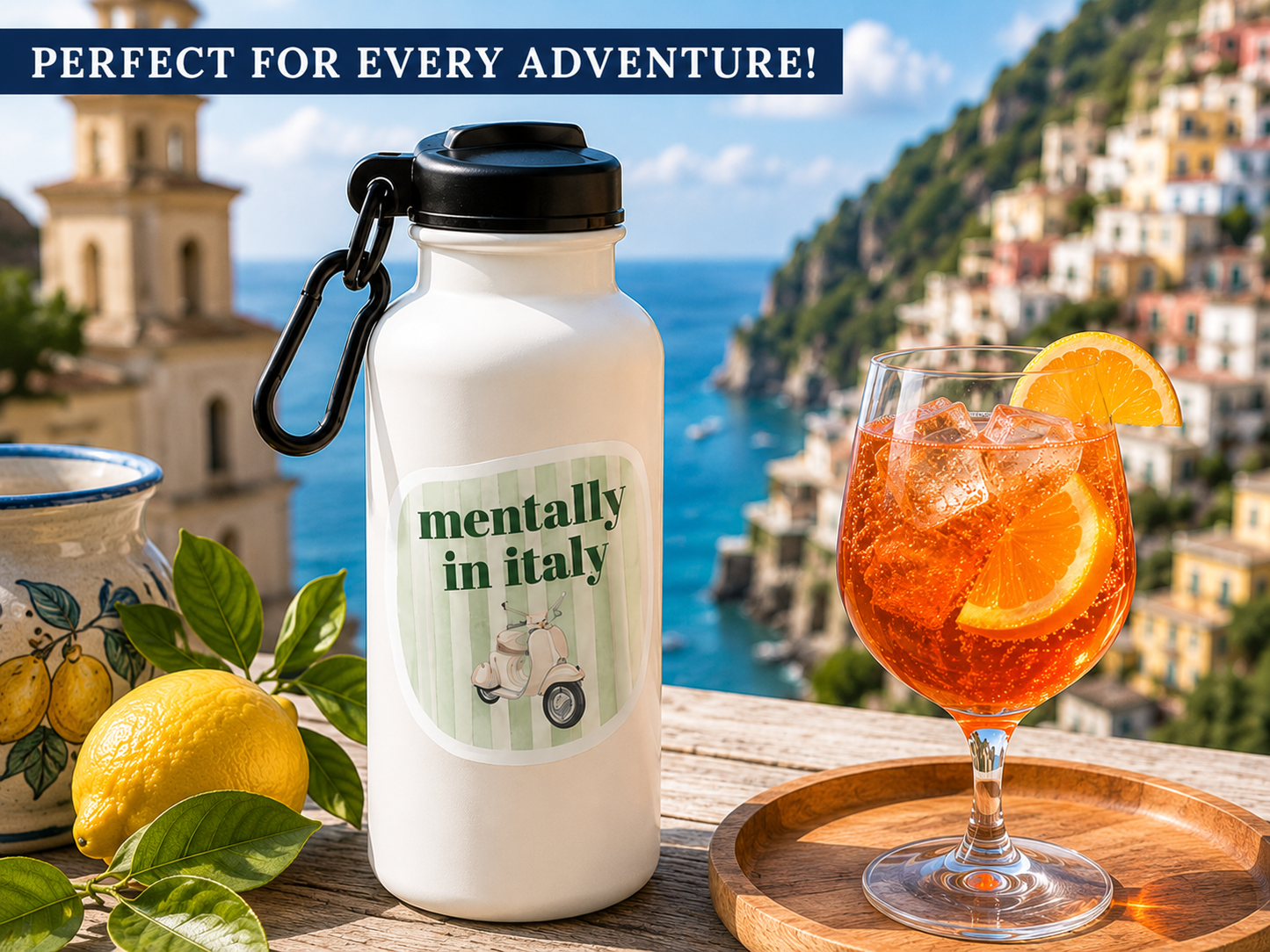 Set of 10 colorful Italy-inspired waterproof vinyl stickers featuring funny travel sayings, pasta, espresso, Aperol Spritz, lemons, Vespa scooter, and Amalfi Coast illustrations.