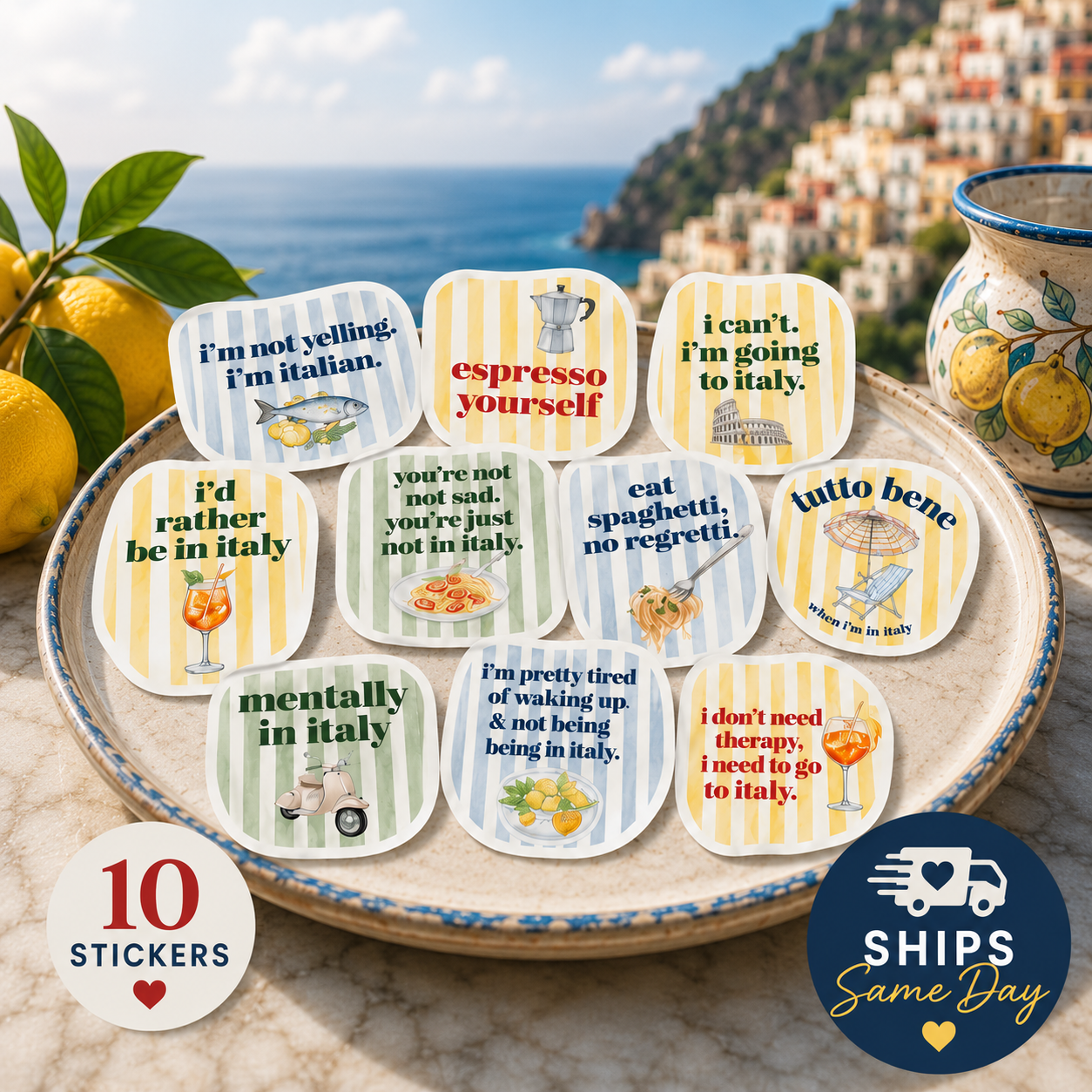Set of 10 colorful Italy-inspired waterproof vinyl stickers featuring funny travel sayings, pasta, espresso, Aperol Spritz, lemons, Vespa scooter, and Amalfi Coast illustrations.
