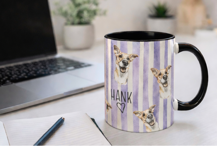 Cute Custom Pet Striped Mug, Purple Striped Personalized Pet Mug