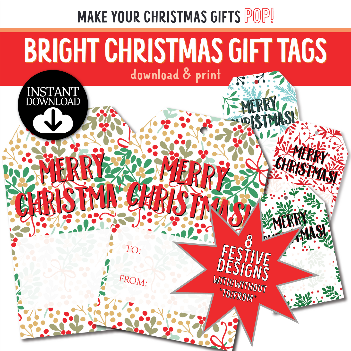 DIY Bright Merry Christmas Gift Tags, Holiday DIY Printable Tags
