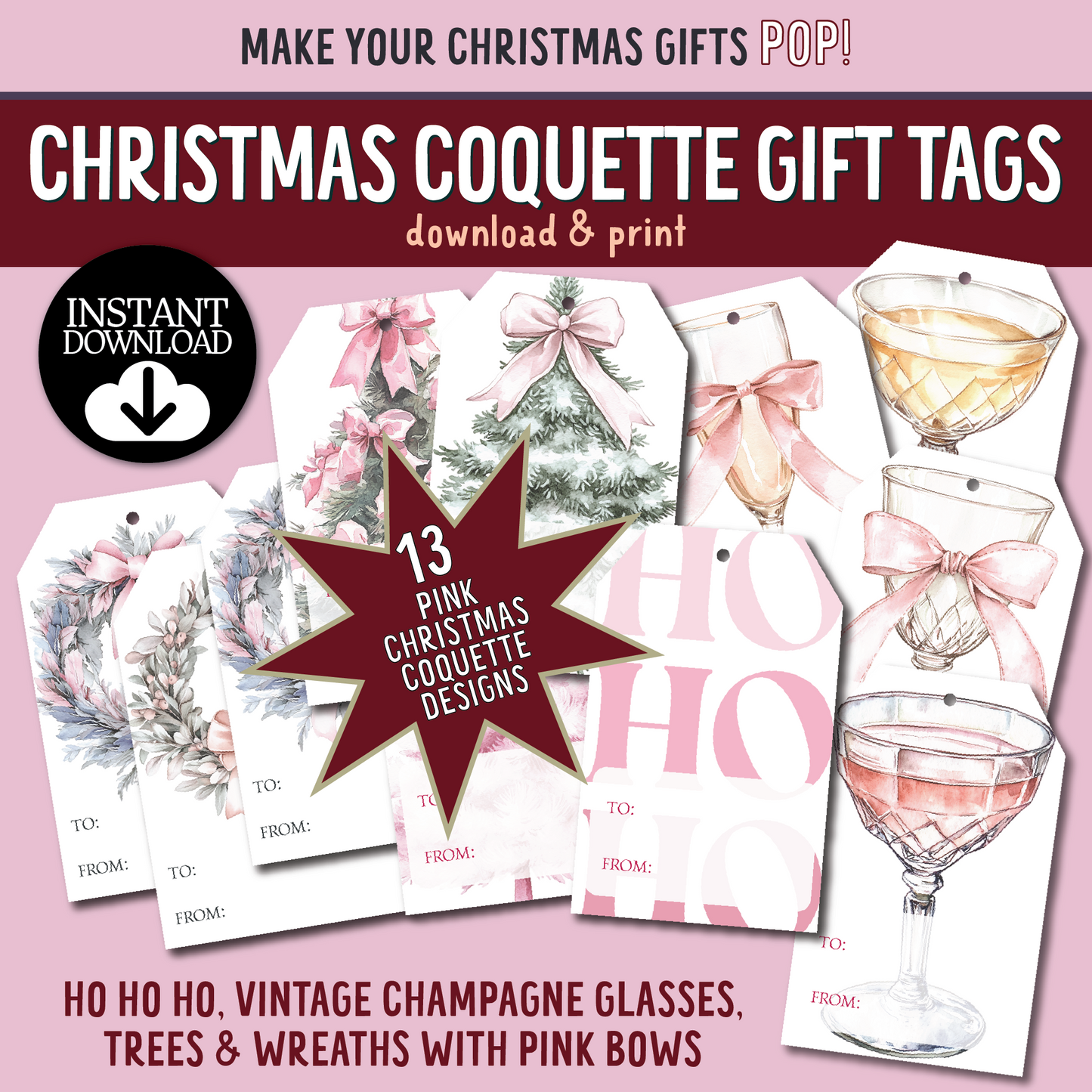 DIY Coquette Christmas HoHoHo Gift Tags, Girly Christmas Tie on Tags, DIY Printable