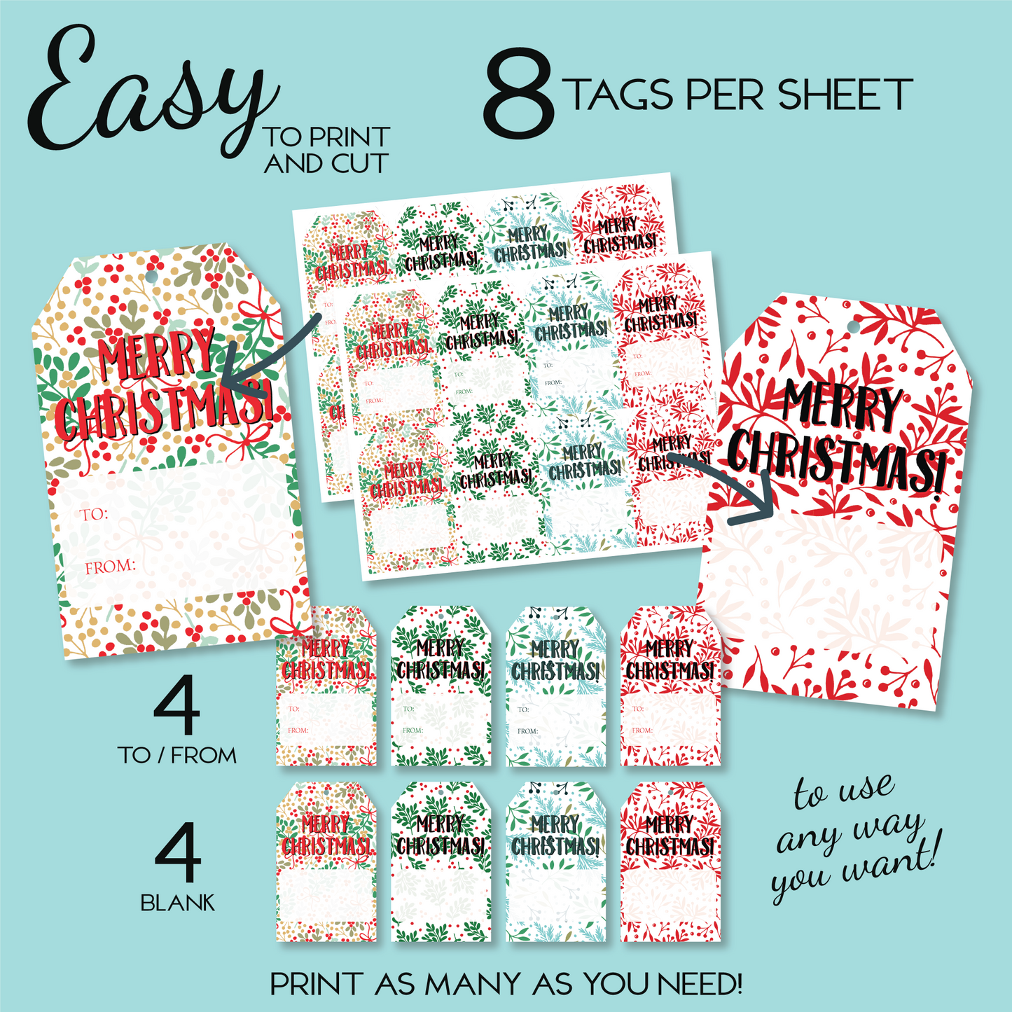 DIY Bright Merry Christmas Gift Tags, Holiday DIY Printable Tags