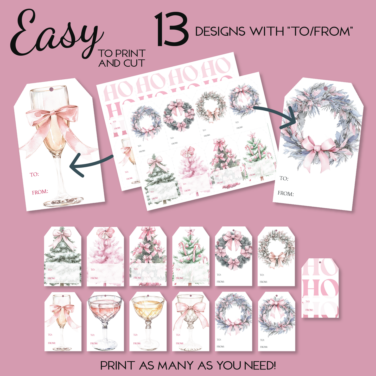 DIY Coquette Christmas HoHoHo Gift Tags, Girly Christmas Tie on Tags, DIY Printable