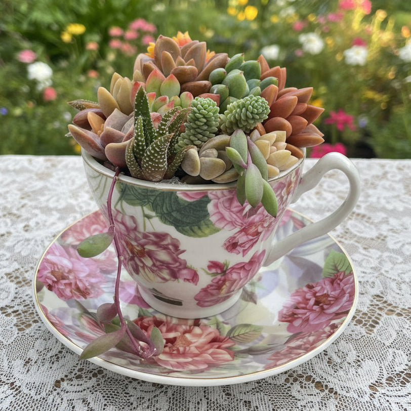Colorful succulents in a decorative teacup on a matching saucer.