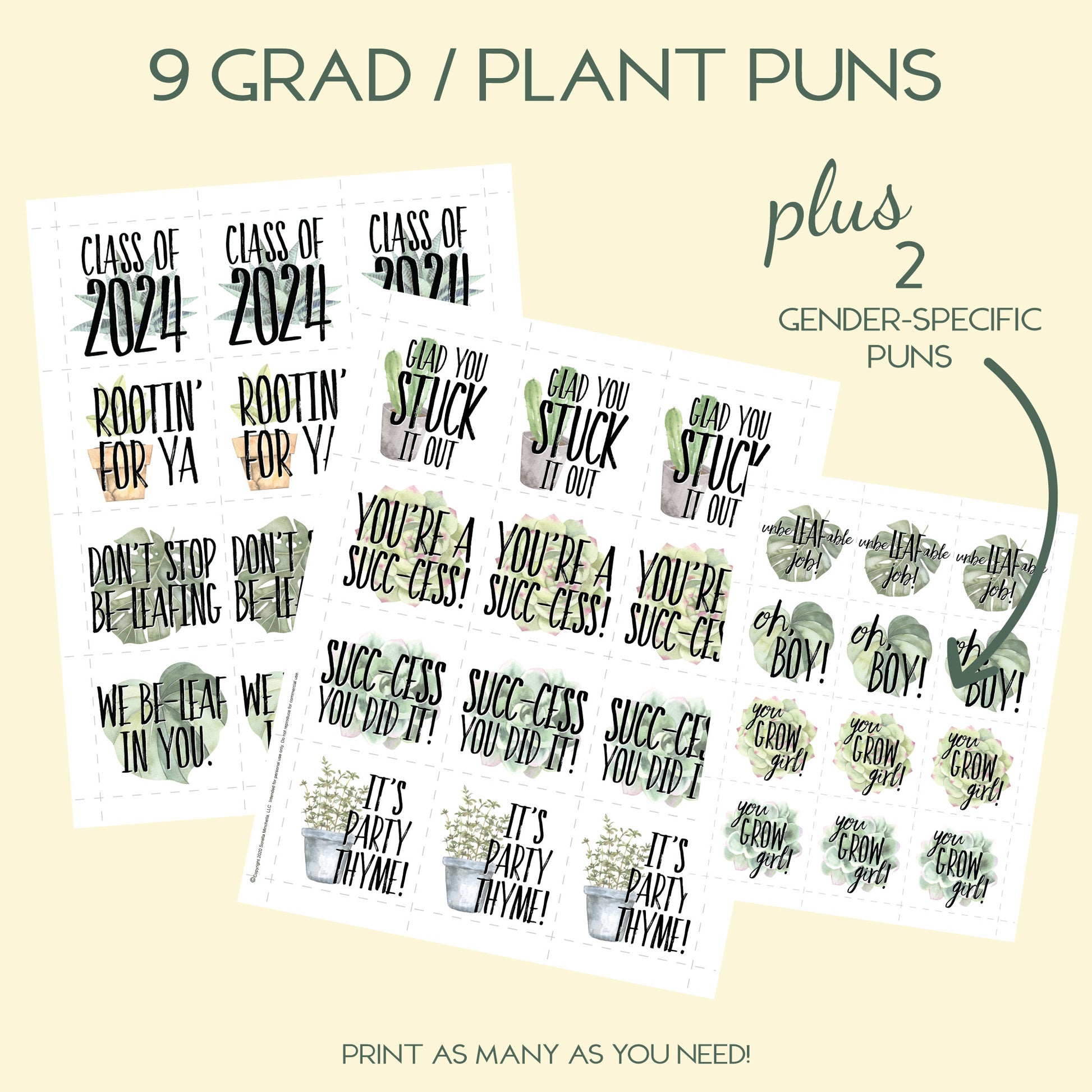 Graduation Class of 2024 Plant Pun Tags for Treats, Favors and Gifts, Instant Download